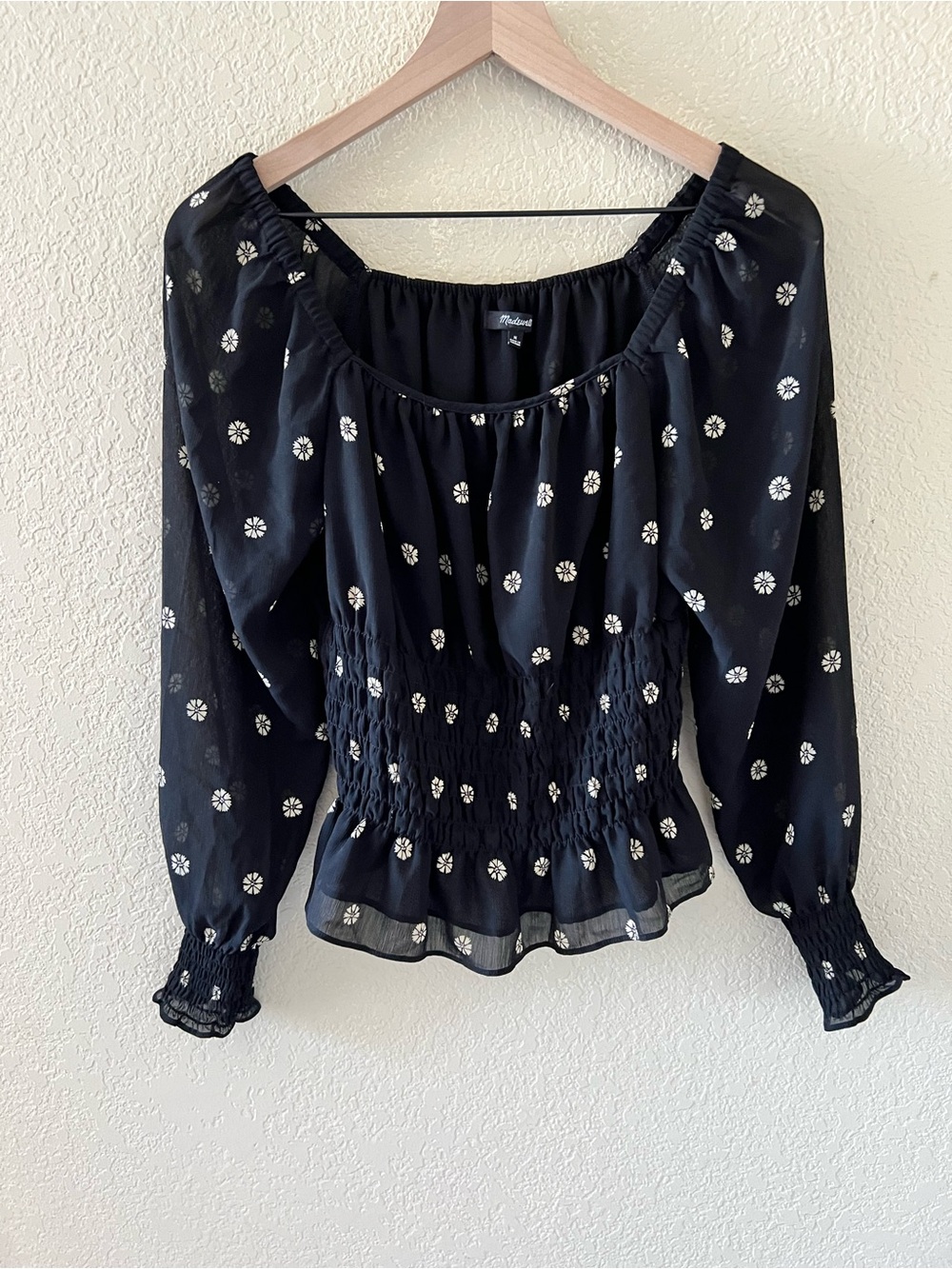 Madewell Black Peasant Blouse with White Daisy Print